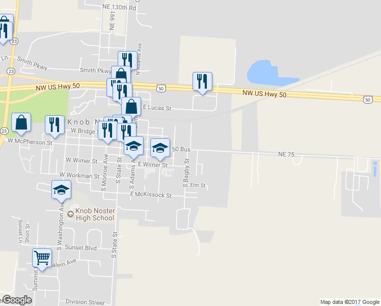 map of restaurants, bars, coffee shops, grocery stores, and more near 100 South Bagby Street in Knob Noster
