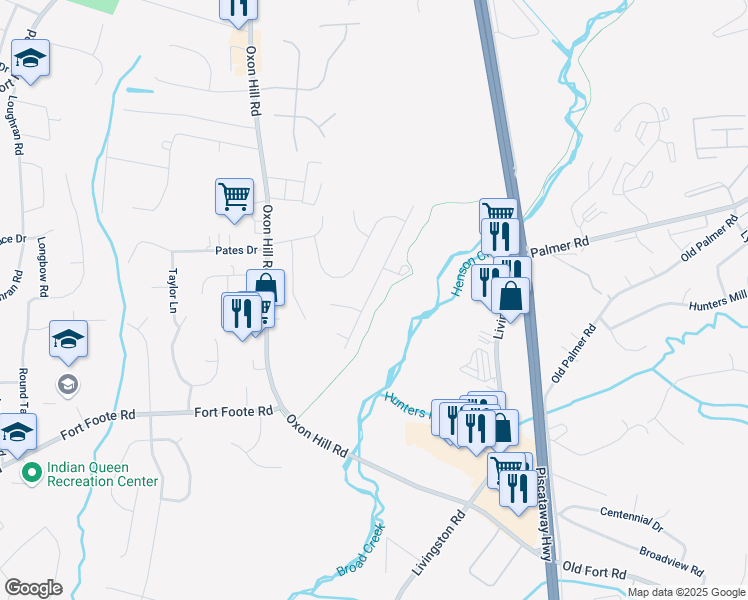 map of restaurants, bars, coffee shops, grocery stores, and more near 9008 Branchview Drive in Fort Washington