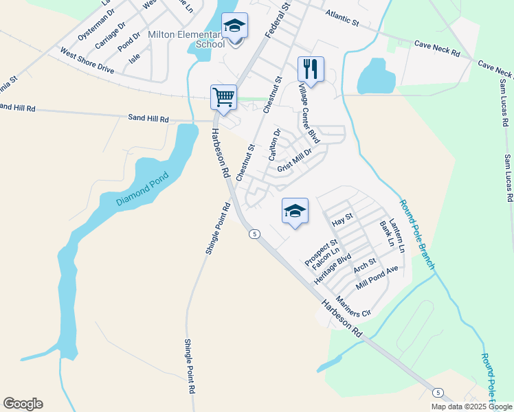 map of restaurants, bars, coffee shops, grocery stores, and more near 128 Ellison Drive in Milton