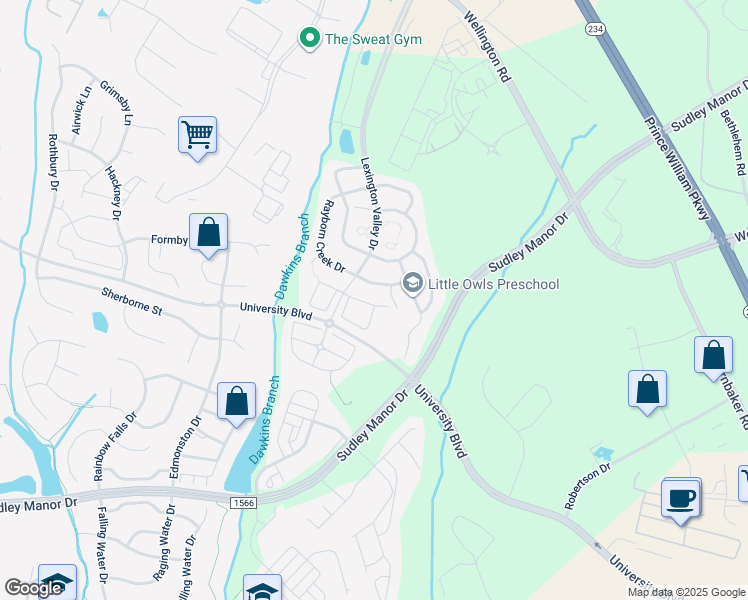 map of restaurants, bars, coffee shops, grocery stores, and more near 8714 Phipps Farm Way in Manassas