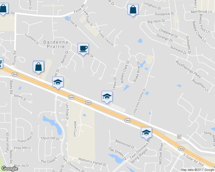 map of restaurants, bars, coffee shops, grocery stores, and more near 16 Twin Creek Court in O'Fallon