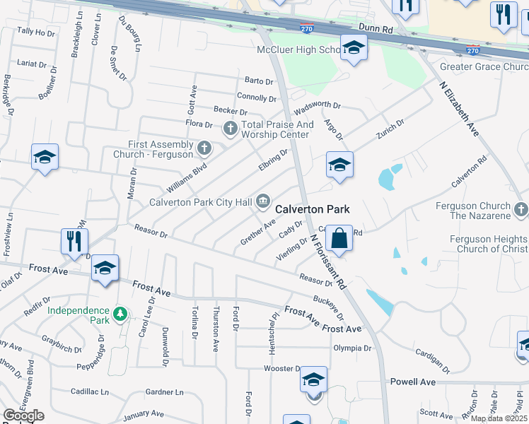 map of restaurants, bars, coffee shops, grocery stores, and more near 52 Young Drive in St. Louis