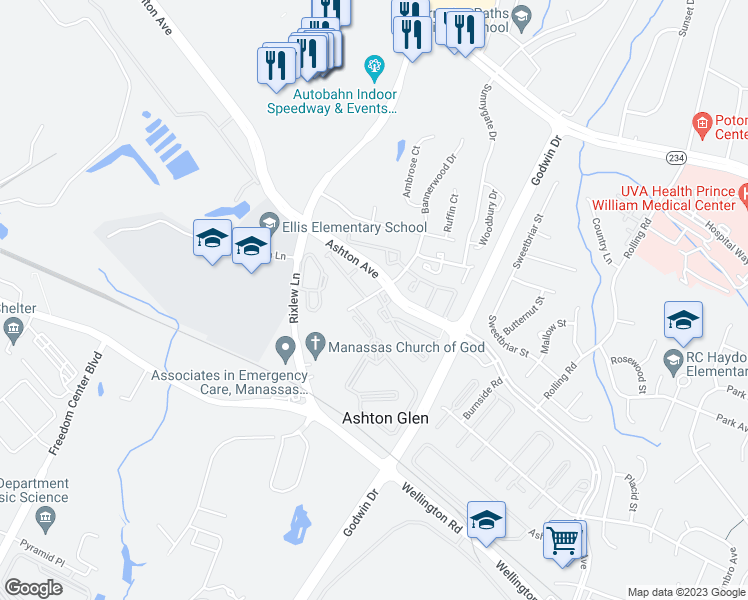 map of restaurants, bars, coffee shops, grocery stores, and more near 8818 Oak Hollow Court in Manassas