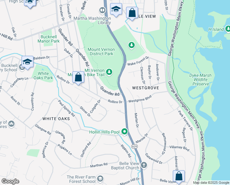 map of restaurants, bars, coffee shops, grocery stores, and more near 7037 Quander Road in Alexandria