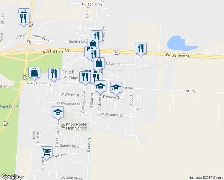 map of restaurants, bars, coffee shops, grocery stores, and more near 305 East McPherson Street in Knob Noster