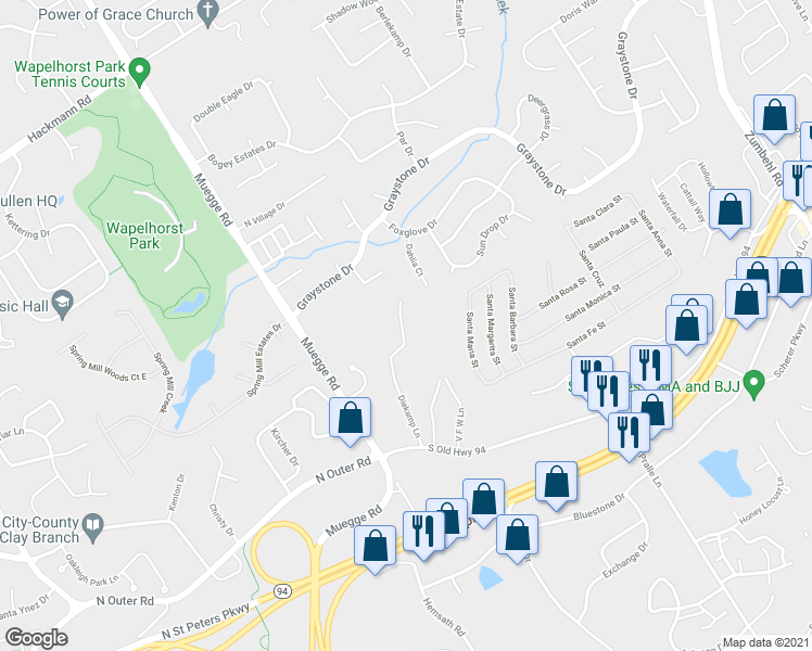 map of restaurants, bars, coffee shops, grocery stores, and more near 224 Diekamp Lane in Saint Charles