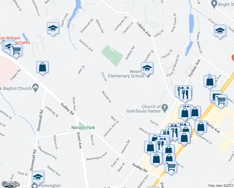 map of restaurants, bars, coffee shops, grocery stores, and more near 9035 Traveller Street in Manassas