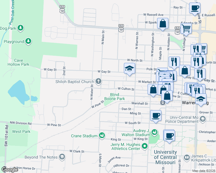 map of restaurants, bars, coffee shops, grocery stores, and more near 405 West Culton Street in Warrensburg
