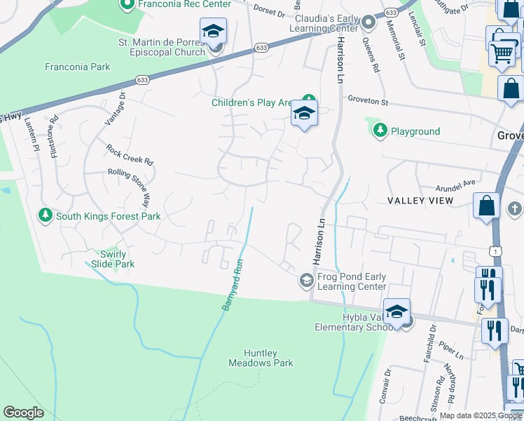 map of restaurants, bars, coffee shops, grocery stores, and more near 7013 Lamp Post Lane in Alexandria