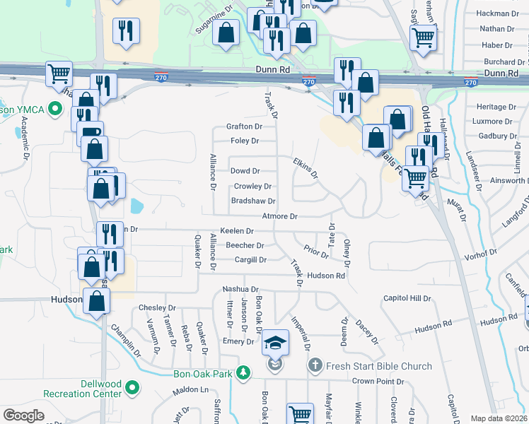 map of restaurants, bars, coffee shops, grocery stores, and more near 1755 Atmore Drive in St. Louis