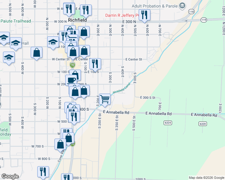 map of restaurants, bars, coffee shops, grocery stores, and more near 253 South 300 East in Richfield