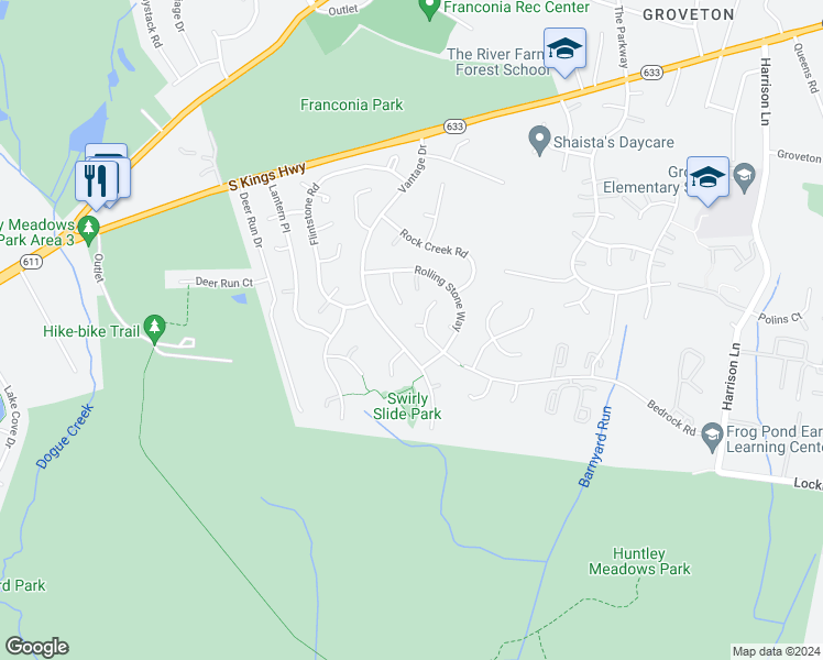 map of restaurants, bars, coffee shops, grocery stores, and more near 7014 Bedrock Road in Alexandria