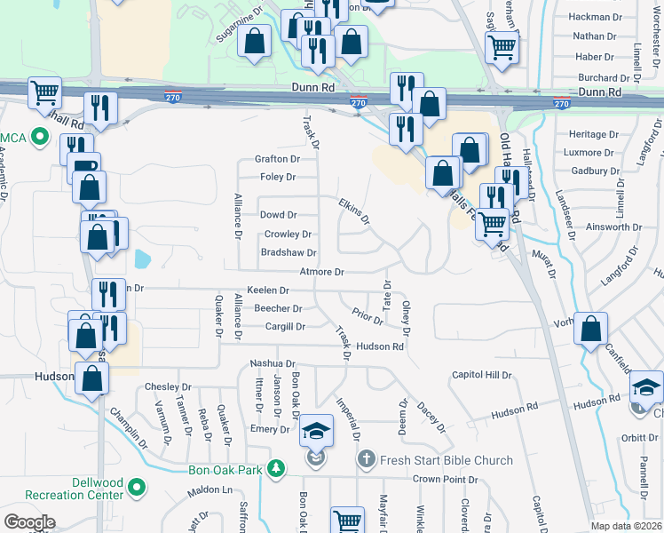 map of restaurants, bars, coffee shops, grocery stores, and more near 1809 Atmore Drive in St. Louis