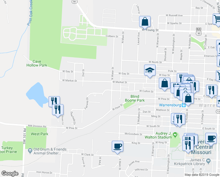 map of restaurants, bars, coffee shops, grocery stores, and more near 601 West Culton Street in Warrensburg