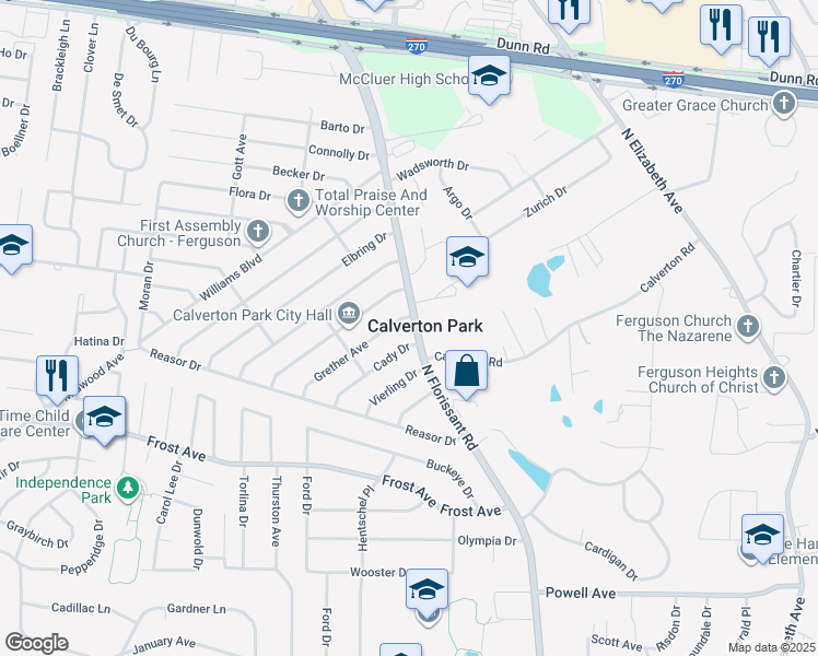 map of restaurants, bars, coffee shops, grocery stores, and more near 1225 North Florissant Road in St. Louis