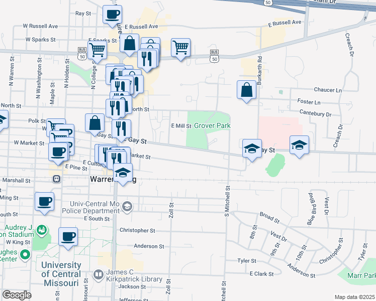 map of restaurants, bars, coffee shops, grocery stores, and more near 414 East Gay Street in Warrensburg