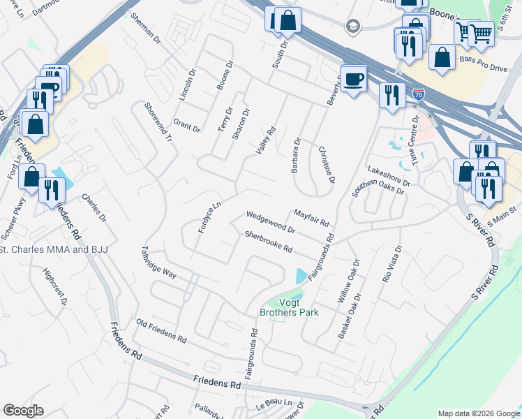 map of restaurants, bars, coffee shops, grocery stores, and more near 1122 Wedgewood Drive in Saint Charles