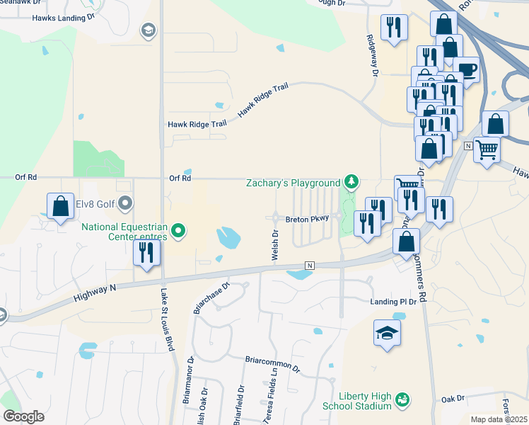 map of restaurants, bars, coffee shops, grocery stores, and more near 7113 Welsh Drive in Lake Saint Louis