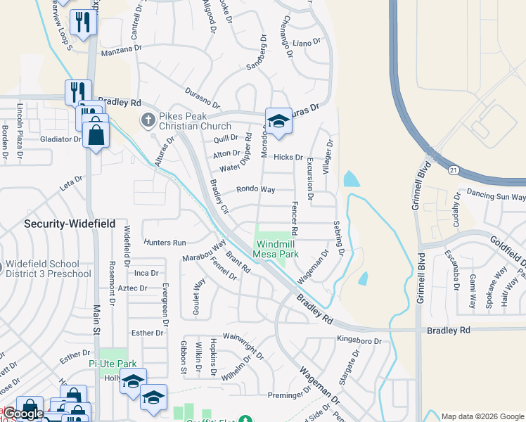 map of restaurants, bars, coffee shops, grocery stores, and more near 5315 Sparrow Hawk Way in Colorado Springs