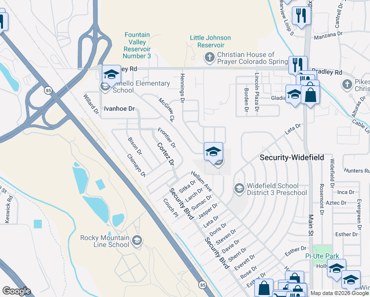map of restaurants, bars, coffee shops, grocery stores, and more near 4658 Cassidy Street in Colorado Springs