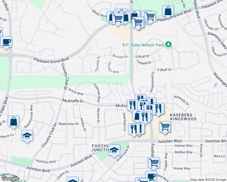 map of restaurants, bars, coffee shops, grocery stores, and more near 4012 Lowdan Court in Roseville