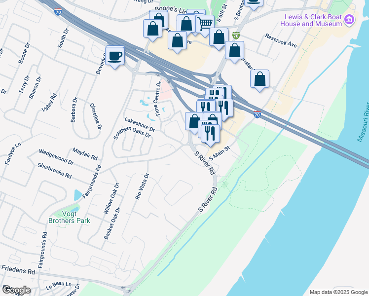 map of restaurants, bars, coffee shops, grocery stores, and more near 456 San Juan Drive in Saint Charles