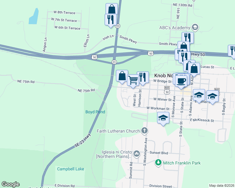 map of restaurants, bars, coffee shops, grocery stores, and more near 703 Deerbrook Circle in Knob Noster