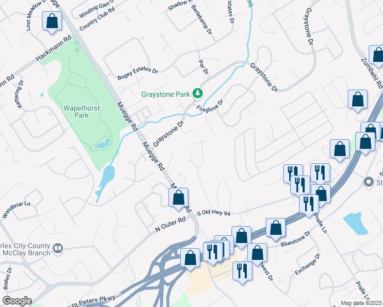 map of restaurants, bars, coffee shops, grocery stores, and more near 160 Diekamp Lane in Saint Charles