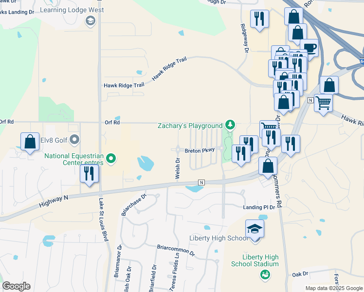 map of restaurants, bars, coffee shops, grocery stores, and more near 7136 Welsh Drive in Lake Saint Louis