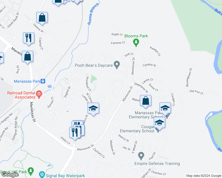 map of restaurants, bars, coffee shops, grocery stores, and more near 9215 Greenshire Drive in Manassas Park