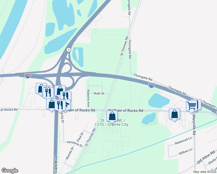 map of restaurants, bars, coffee shops, grocery stores, and more near 1366 Saint Thomas Road in Granite City