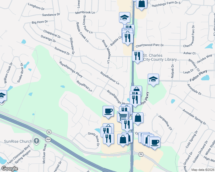 map of restaurants, bars, coffee shops, grocery stores, and more near 158 Royallprairie Lane in O'Fallon