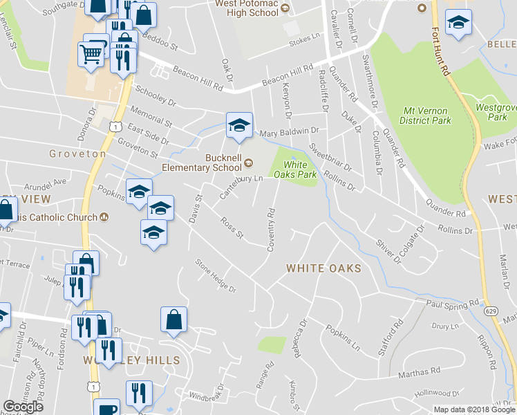 map of restaurants, bars, coffee shops, grocery stores, and more near 7027 Stanford Drive in Alexandria