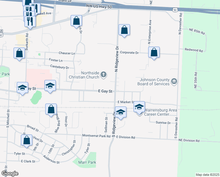 map of restaurants, bars, coffee shops, grocery stores, and more near 835 East Gay Street in Warrensburg