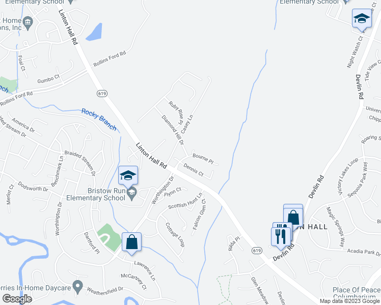 map of restaurants, bars, coffee shops, grocery stores, and more near 13104 Bourne Place in Bristow