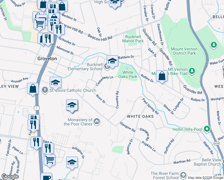 map of restaurants, bars, coffee shops, grocery stores, and more near 7027 Stanford Drive in Alexandria