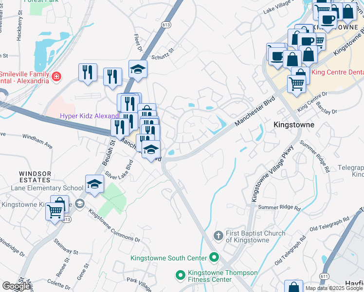 map of restaurants, bars, coffee shops, grocery stores, and more near 6029 Curtier Drive in Alexandria