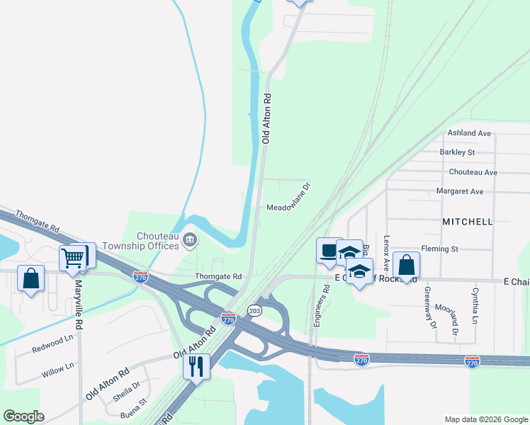 map of restaurants, bars, coffee shops, grocery stores, and more near 5448 Old Alton Road in Granite City