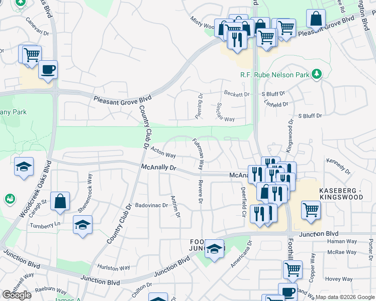 map of restaurants, bars, coffee shops, grocery stores, and more near 903 Parnell Court in Roseville