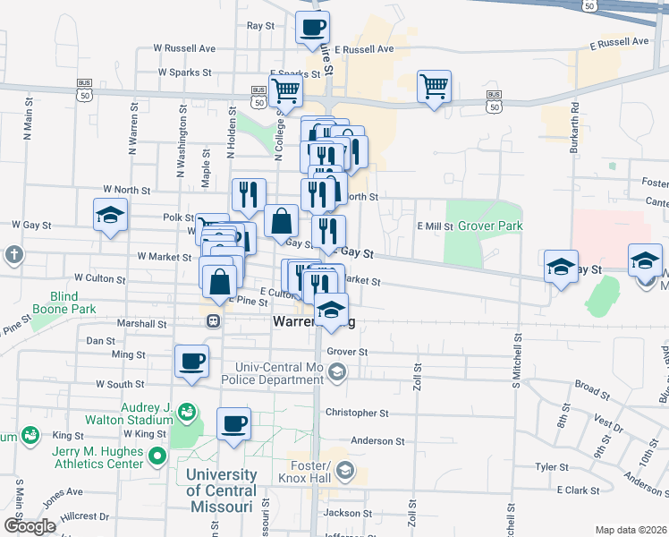 map of restaurants, bars, coffee shops, grocery stores, and more near 305 East Market Street in Warrensburg
