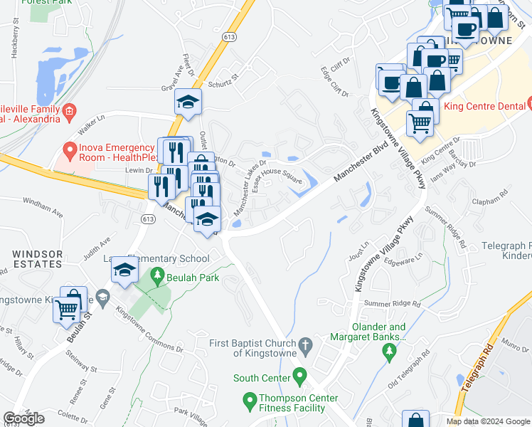 map of restaurants, bars, coffee shops, grocery stores, and more near 6019 Curtier Drive in Franconia