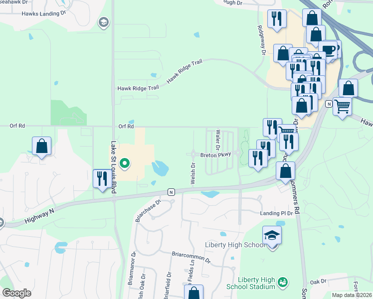 map of restaurants, bars, coffee shops, grocery stores, and more near 7113 Welsh Drive in Lake Saint Louis