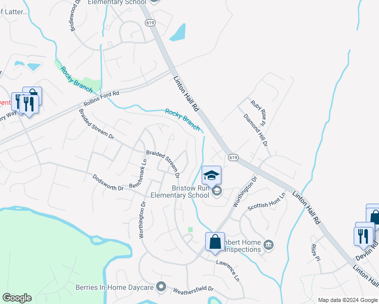 map of restaurants, bars, coffee shops, grocery stores, and more near 8857 Moat Crossing Place in Bristow