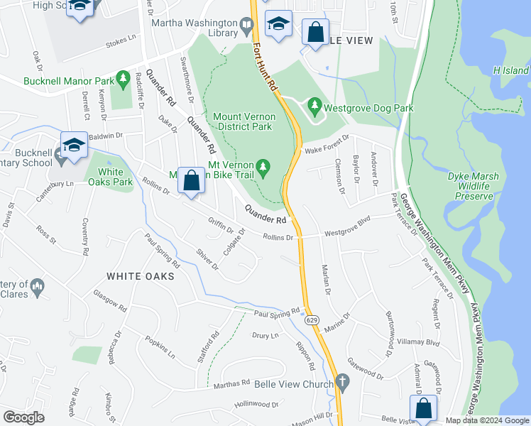 map of restaurants, bars, coffee shops, grocery stores, and more near 7031 Quander Road in Alexandria
