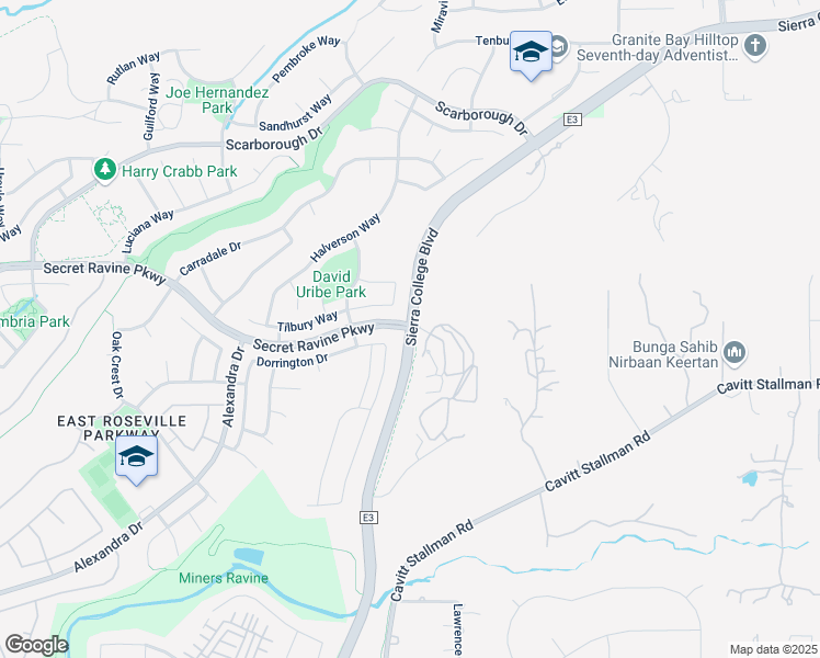 map of restaurants, bars, coffee shops, grocery stores, and more near Sierra College Blvd & Secret Ravine Pkwy in Roseville