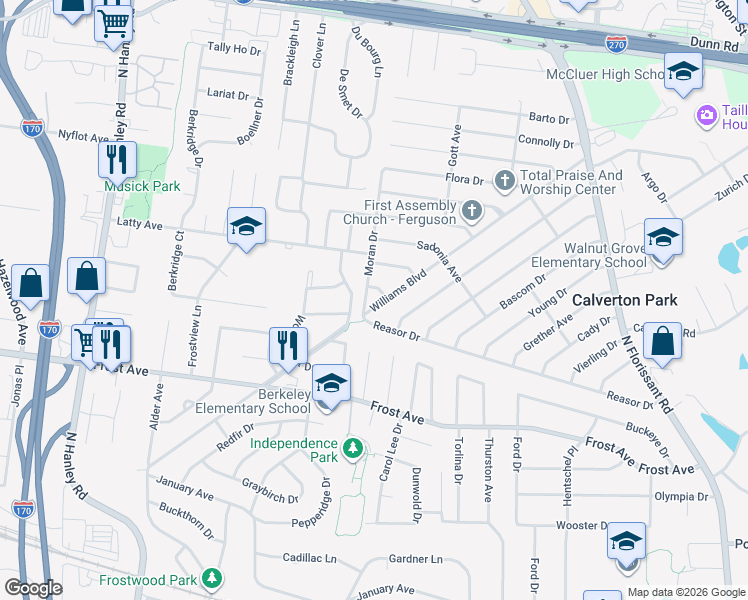 map of restaurants, bars, coffee shops, grocery stores, and more near 280 Williams Boulevard in St. Louis