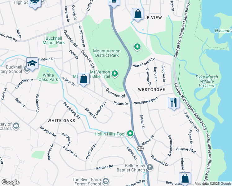 map of restaurants, bars, coffee shops, grocery stores, and more near 7031 Quander Road in Alexandria