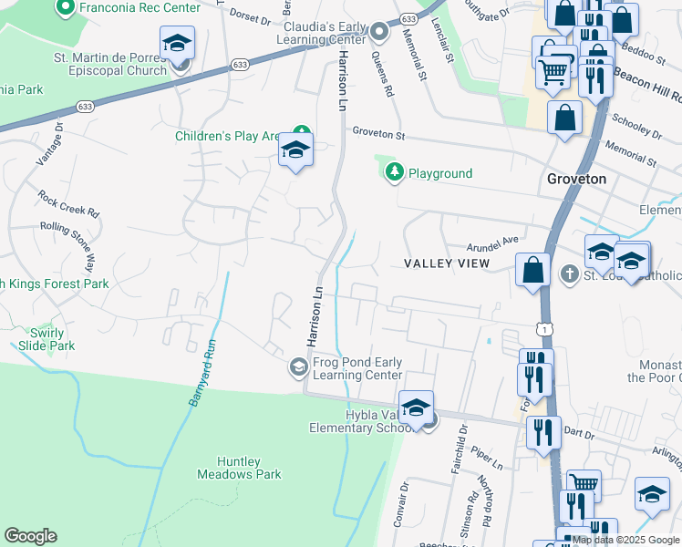 map of restaurants, bars, coffee shops, grocery stores, and more near 7029 Polins Court in Alexandria