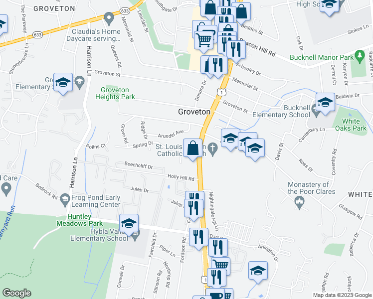 map of restaurants, bars, coffee shops, grocery stores, and more near 3117 Spring Drive in Alexandria