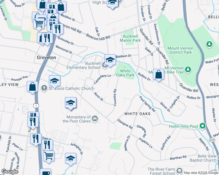 map of restaurants, bars, coffee shops, grocery stores, and more near 7025 Stanford Drive in Alexandria